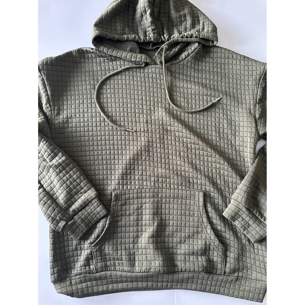 Waffle Knit Hoodie Olive Green Textured Pullover Kangaroo Pocket Sweatshirt S